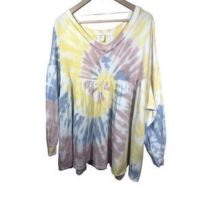 BY TOGETHER Women's Oversized Tie Dye Cotton Tunic Dress Yellow Size Medium